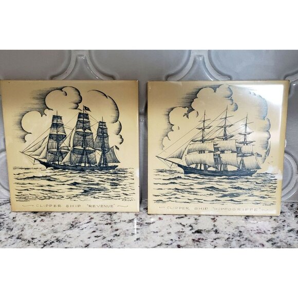 Vintage Screencraft Clipper Ship Tile Trivet Set Hippogriffe Revenue 6"x6" - Picture 6 of 8
